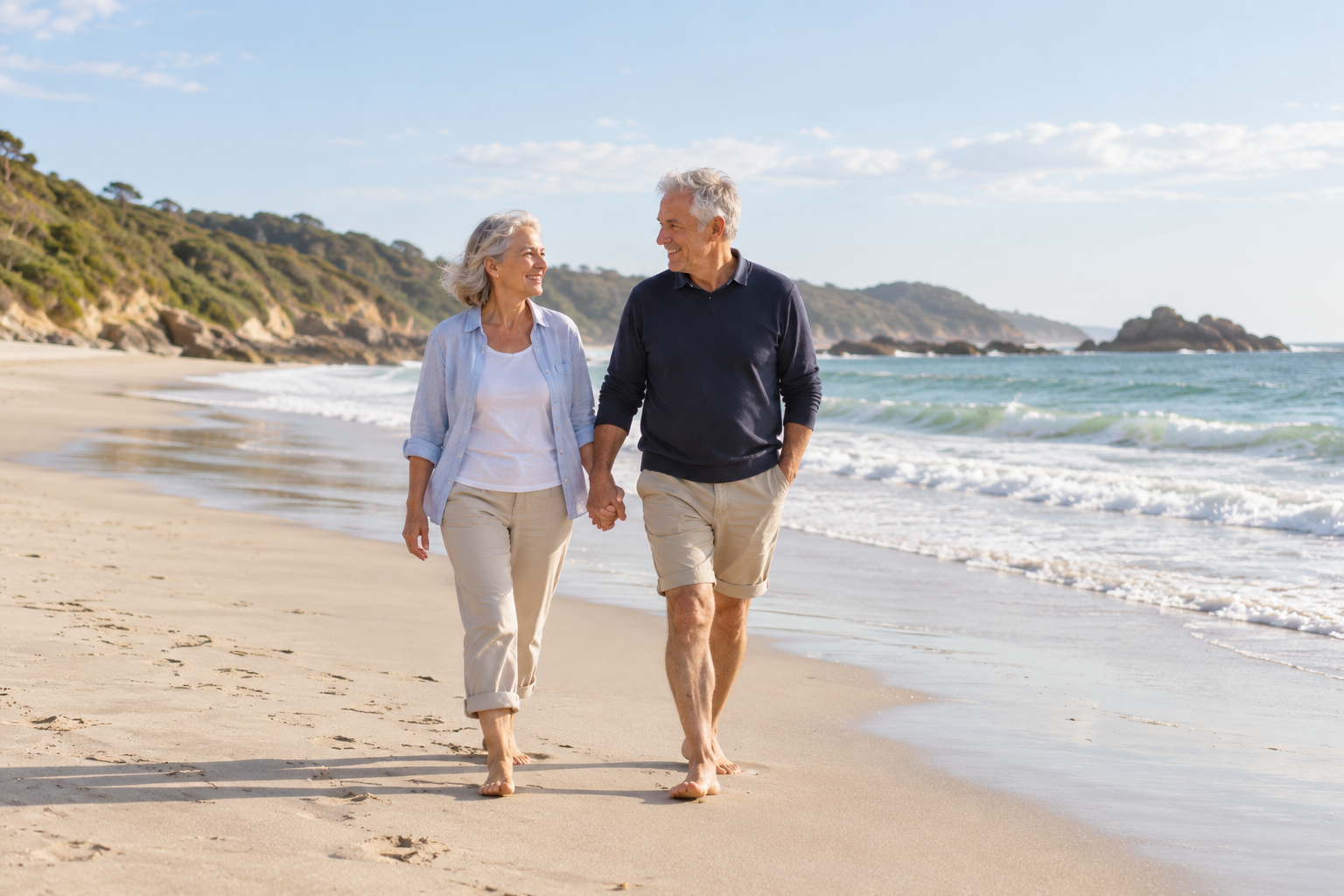 A couple in their mid-sixties enjoying a relaxed walk together on the beach